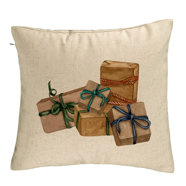 Dekoratív párna karácsonyi témájú, Ajándékok, 40x40 cm, Bézs, Levehető huzat, Fújtató