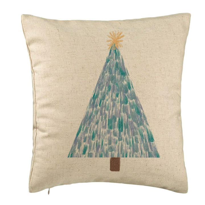 Perna Personalizata cu tematica Craciun, Brad, 3, 40x40 cm, Bej, Husa Detasabila, Burduf