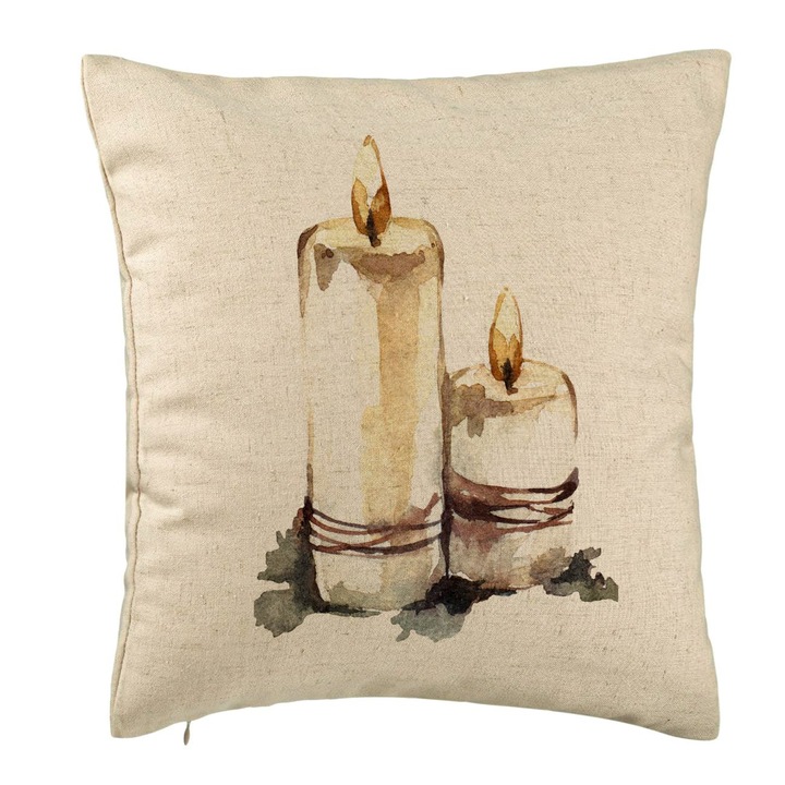 Perna Personalizata cu tematica de Craciun, Lumanari 1, 40x40 cm, Bej, Husa Detasabila, Burduf