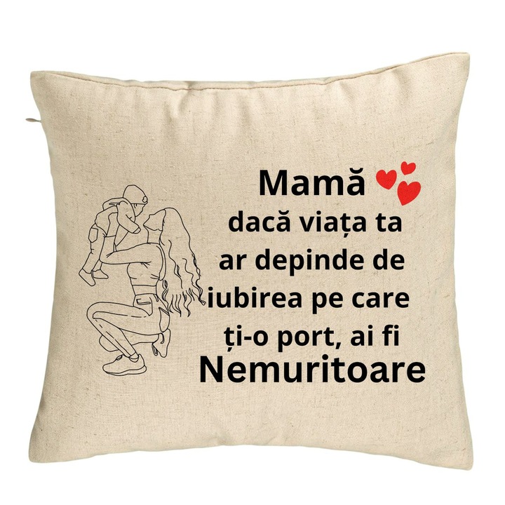 Perna Personalizata, Model pentru Mama 10, 40x40 cm, Bej, Husa Detasabila, Burduf