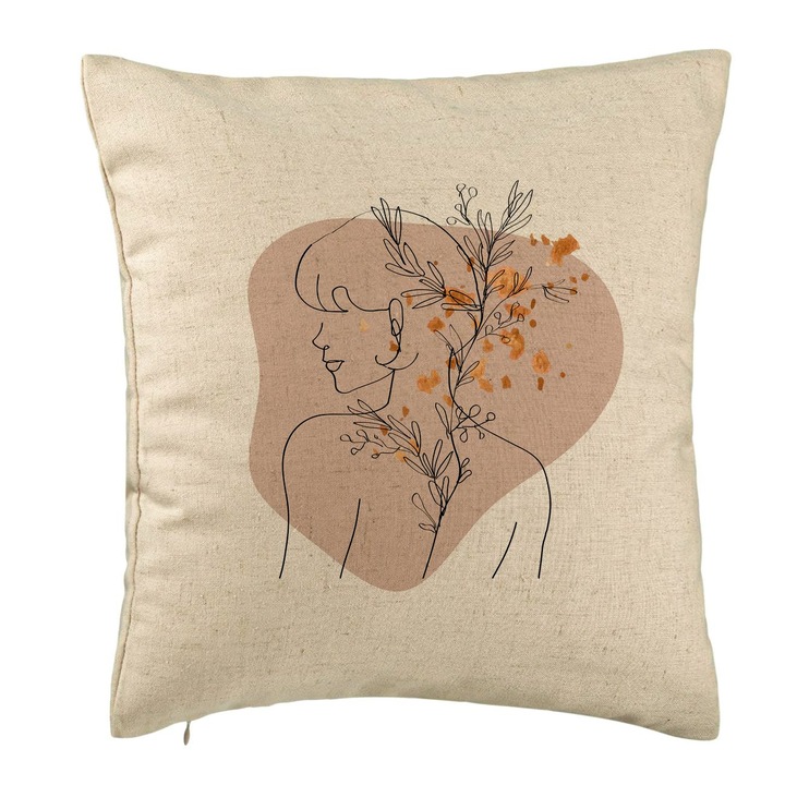 Perna Personalizata, Model Corp Femeie si Flori, 40x40 cm, Bej, Husa Detasabila, Burduf