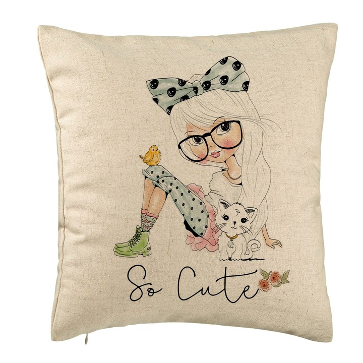 Perna Personalizata, Model So Cute, 40x40 cm, Bej, Husa Detasabila, Burduf