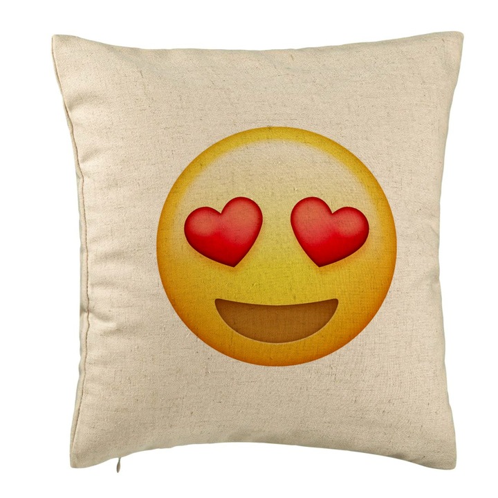 Dekoratív párna, Emoji lány modell szívvel, 40x40 cm, bézs, levehető huzat, fújtató