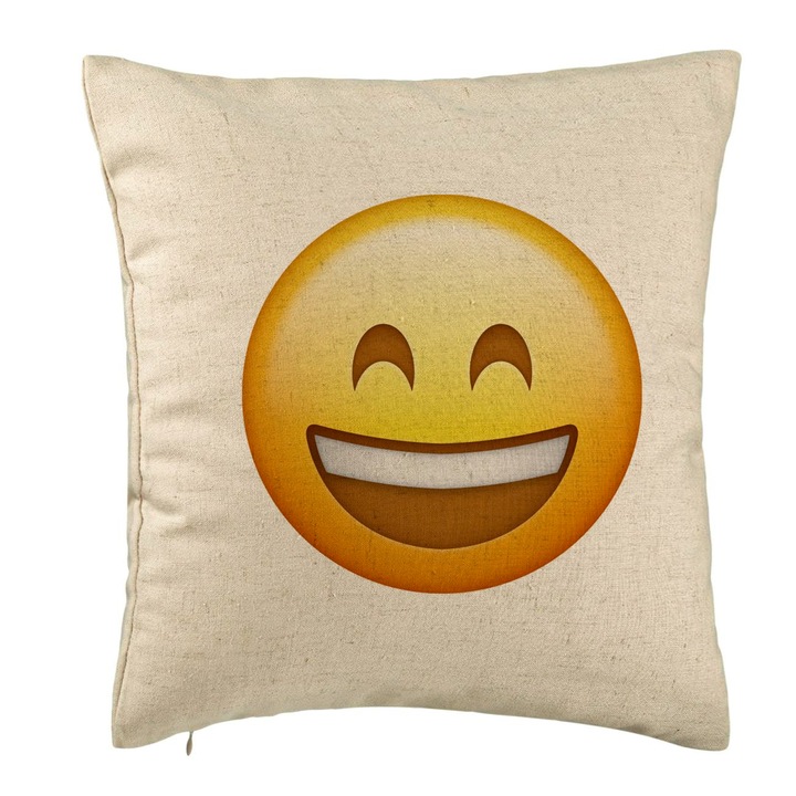 Perna Decorativa, Model Emoji Fericit, 40x40 cm, Bej, Husa Detasabila, Burduf