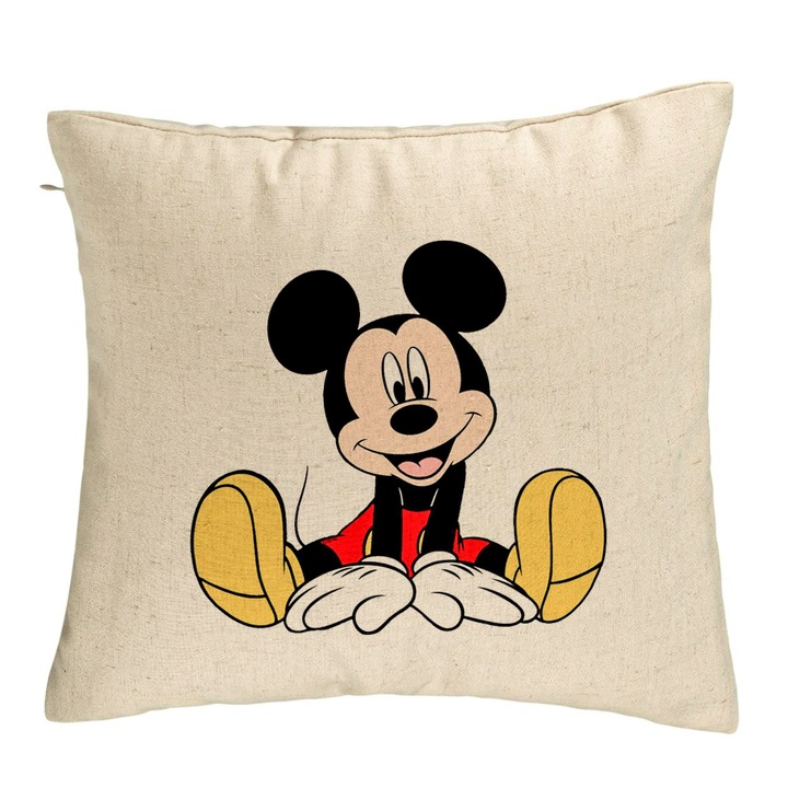 Perna Decorativa, Model copii Mickey Mouse, 40x40 cm, Bej, Husa Detasabila, Burduf