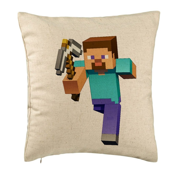 Perna Decorativa, Model Minecraft Mining Steve 8bit, 40x40 cm, Bej, Husa Detasabila, Burduf