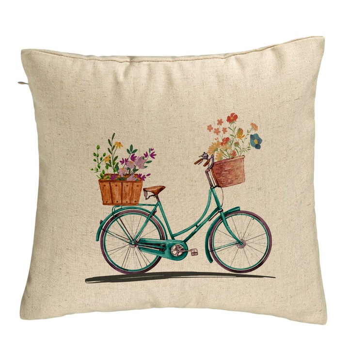 Perna Decorativa, Model Bicicleta Floarala, 40x40 cm, Bej, Husa Detasabila, Burduf