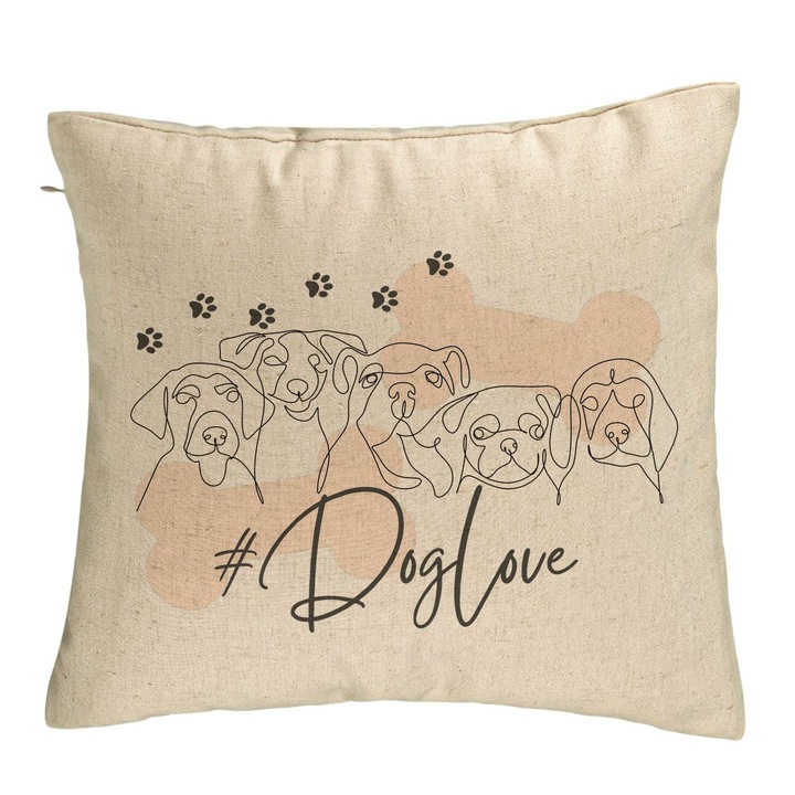 Dekoratív párna, Dog Love Model, 40x40 cm, Bézs, Levehető huzat, Fújtató