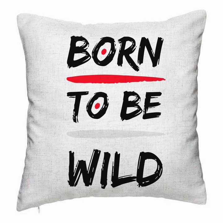 Személyre szabott párna, Born to Be Wild modell, 40x40 cm, törtfehér, levehető huzat, fújtató