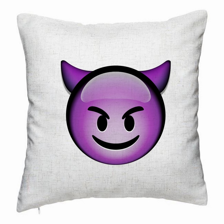 Dekoratív párna, Devil Emoji Modell, 40x40 cm, Törtfehér, Levehető huzat, Fújtató