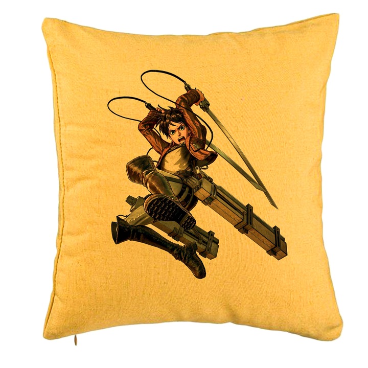 Perna Decorativa cu Attack on Titan Eren Yeager, 40x40 cm, Galben, Husa Detasabila, Burduf