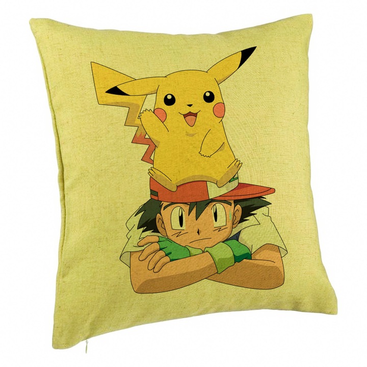 Perna Decorativa, Model copii Pikachu Pokemon, 40x40 cm, Verde, Husa Detasabila, Burduf