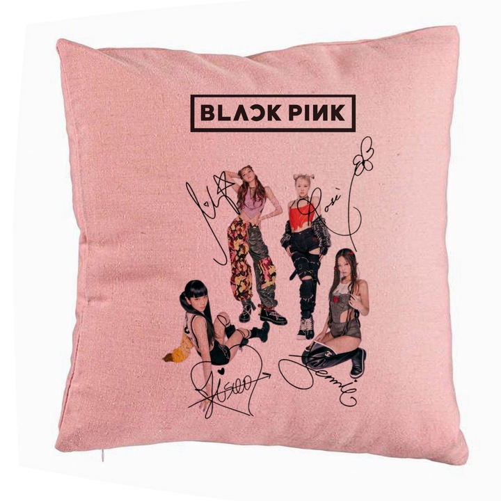 Perna Personalizata BlackPink cu Semnaturi, Model 1, 40x40 cm, Roz, Husa Detasabila, Burduf