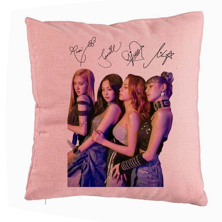 BlackPink dekoratív párna aláírásokkal, 3-as modell, 40x40 cm, rózsaszín, levehető huzat, fújtató