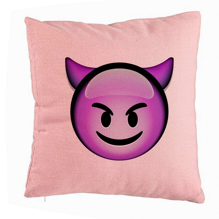 Dekoratív párna, Devil Emoji Modell, 40x40 cm, Rózsaszín, Levehető huzat, Fújtató