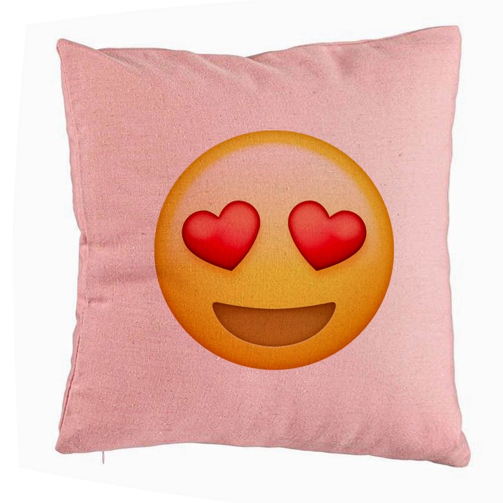 Dekoratív párna, Emoji lány modell szívvel, 40x40 cm, rózsaszín, levehető huzat, fújtató