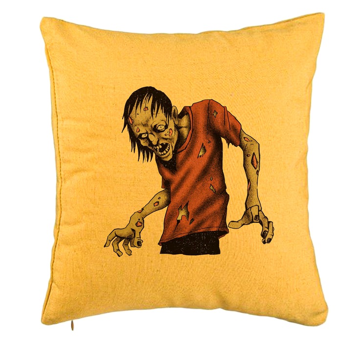 Perna Personalizata cu motiv Zombie de Halloween 1, 40x40 cm, Galben, Husa Detasabila, Burduf