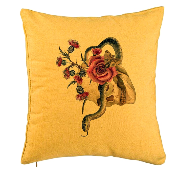 Perna Decorativa cu motiv Craniu si Sarpe de Halloween, 40x40 cm, Galben, Husa Detasabila, Burduf