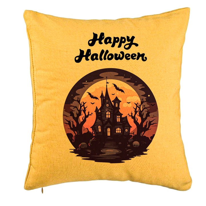 Perna Decorativa cu motiv de Halloween si Text, 40x40 cm, Galben, Husa Detasabila, Burduf