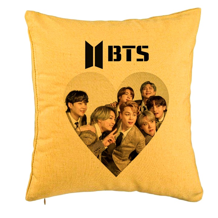 Személyre szabott párna BTS Army 4, 40x40 cm, sárga, levehető huzat, fújtató