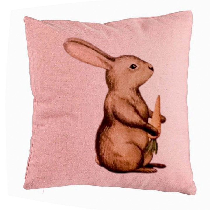 Perna Personalizata, Model Iepuras, 40x40 cm, Roz, Husa Detasabila, Burduf