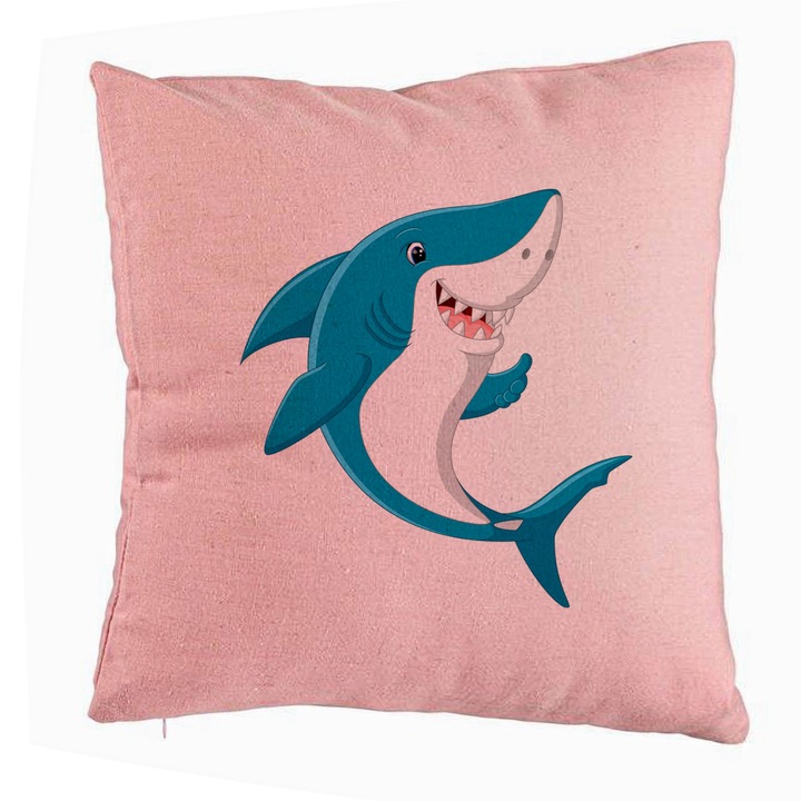 Dekoratív párna, Gyermek modell Pink Shark, 40x40 cm, Rózsaszín, Levehető huzat, Fújtató