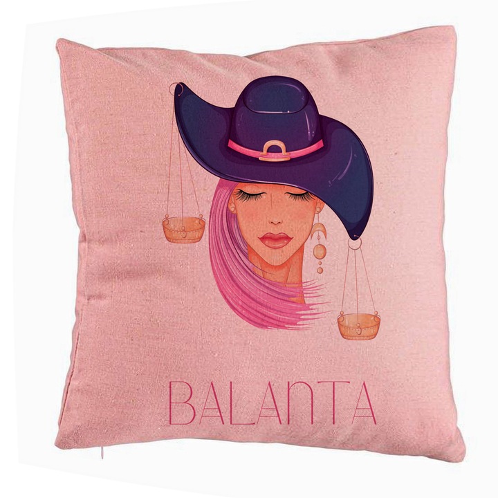 Perna Decorativa, Model Zodia Balanta, 40x40 cm, Roz, Husa Detasabila, Burduf
