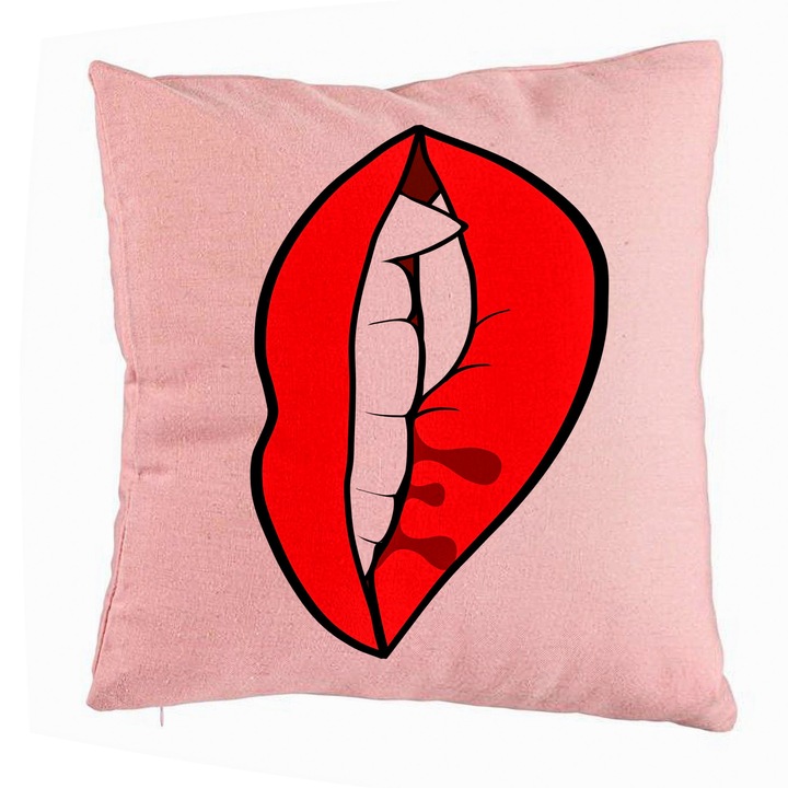 Perna Decorativa, Model Buze Femeie si Dinte de Vampir, 40x40 cm, Roz, Husa Detasabila, Burduf