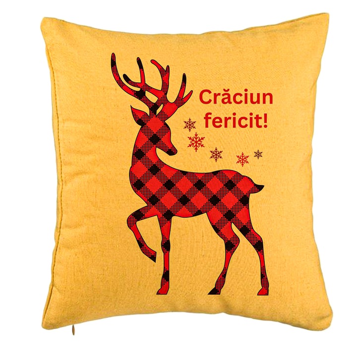 Karácsonyi témájú dekoratív párna, rénszarvas és szöveg 4, 40x40 cm, sárga, levehető huzat, fújtató