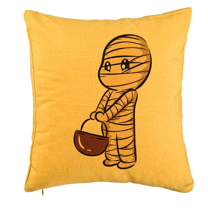 Perna Decorativa cu motiv Mumie de Halloween 1, 40x40 cm, Galben, Husa Detasabila, Burduf