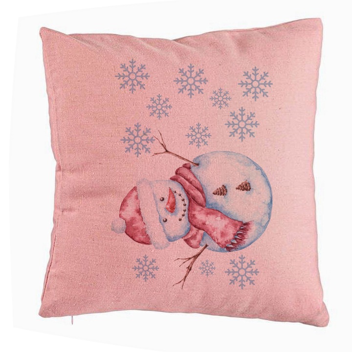 Karácsonyi dekoratív párna hóember, 1, 40x40 cm, rózsaszín, levehető huzat