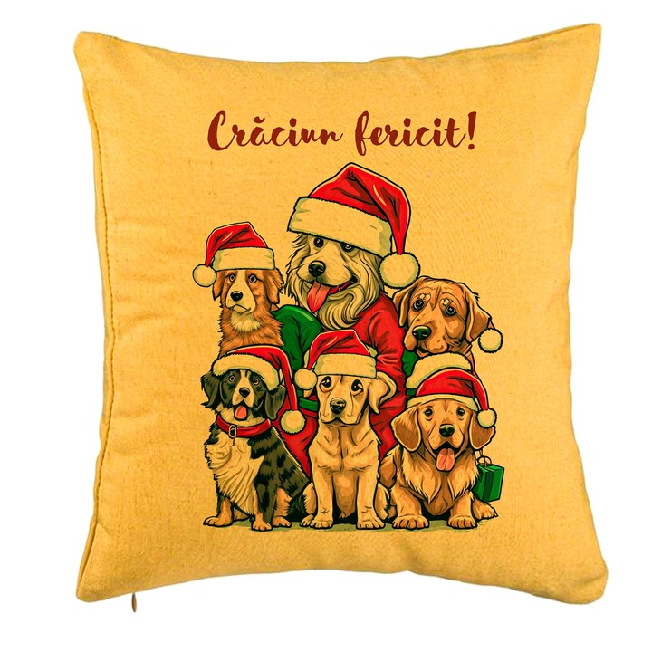 Perna Decorativa de Craciun cu Catelusi si Text, 40x40 cm, Galben, Husa Detasabila, Burduf