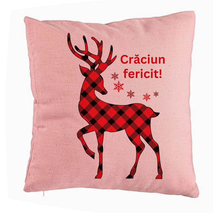 Perna Personalizata cu tematica de Craciun, Ren si Text 4, 40x40 cm, Roz, Husa Detasabila, Burduf