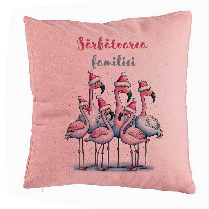 Dekoratív párna karácsonyi témájú, flamingó és szöveg 2, 40x40 cm, rózsaszín, levehető huzat, fújtató