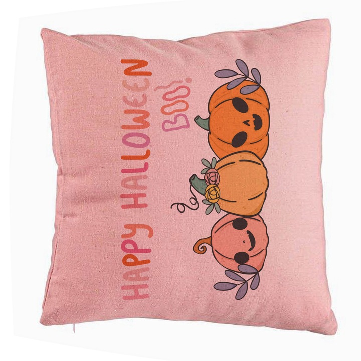 Perna Decorativa cu motiv Dovleac si Text de Halloween, Multicolor, 40x40 cm, Roz, Husa Detasabila, Burduf