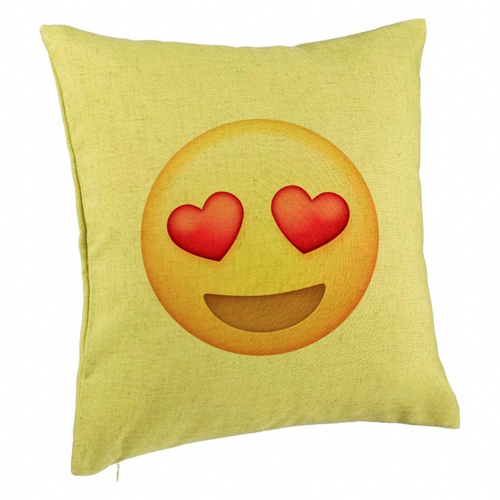 Dekoratív párna, Emoji lány modell szívvel, 40x40 cm, zöld, levehető huzat, fújtató