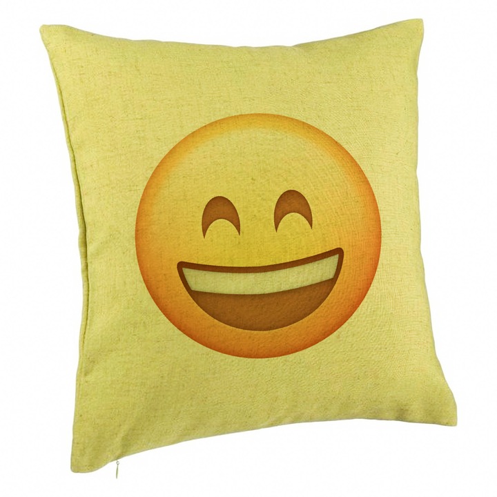 Perna Decorativa, Model Emoji Fericit, 40x40 cm, Verde, Husa Detasabila, Burduf