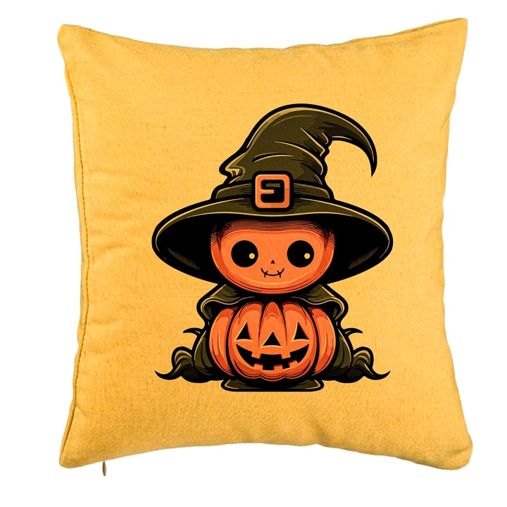 Perna Decorativa cu motiv de Halloween 1, 40x40 cm, Galben, Husa Detasabila, Burduf