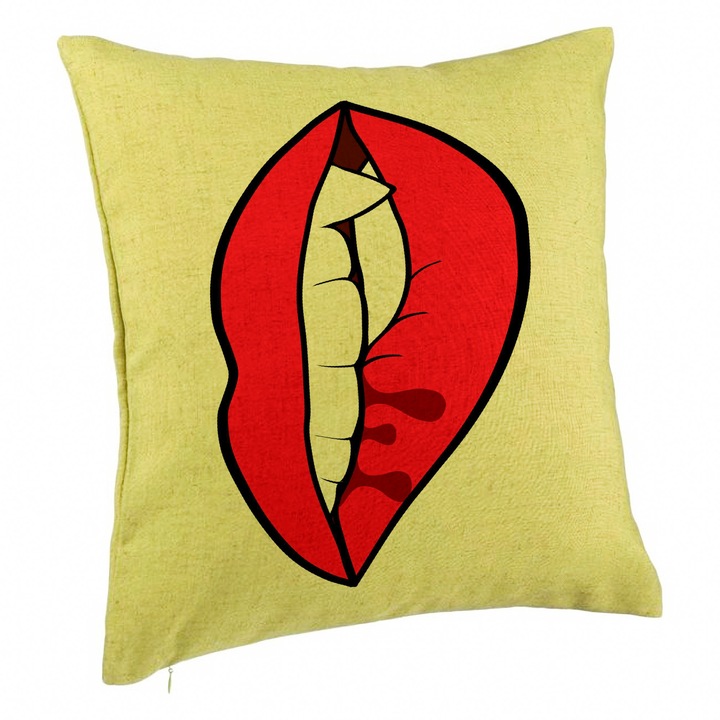 Perna Decorativa, Model Buze Femeie si Dinte de Vampir, 40x40 cm, Verde, Husa Detasabila, Burduf