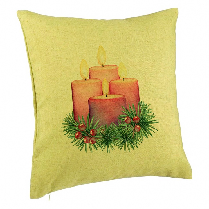 Karácsonyi témájú díszpárna, 5 gyertya, 40x40 cm, zöld, levehető huzat, fújtató