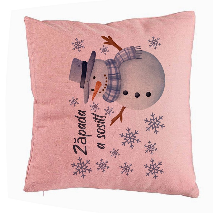 Karácsonyi dekoratív párna hóember és szöveg 2, 40x40 cm, rózsaszín, levehető huzat, fújtató