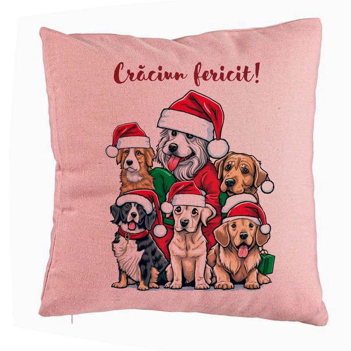 Perna Decorativa de Craciun cu Catelusi si Text, 40x40 cm, Roz, Husa Detasabila, Burduf
