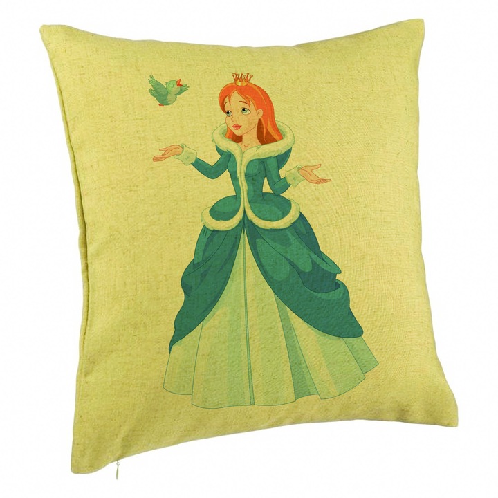 Perna Personalizata, Model Printesa si Paserea, 40x40 cm, Verde, Husa Detasabila, Burduf