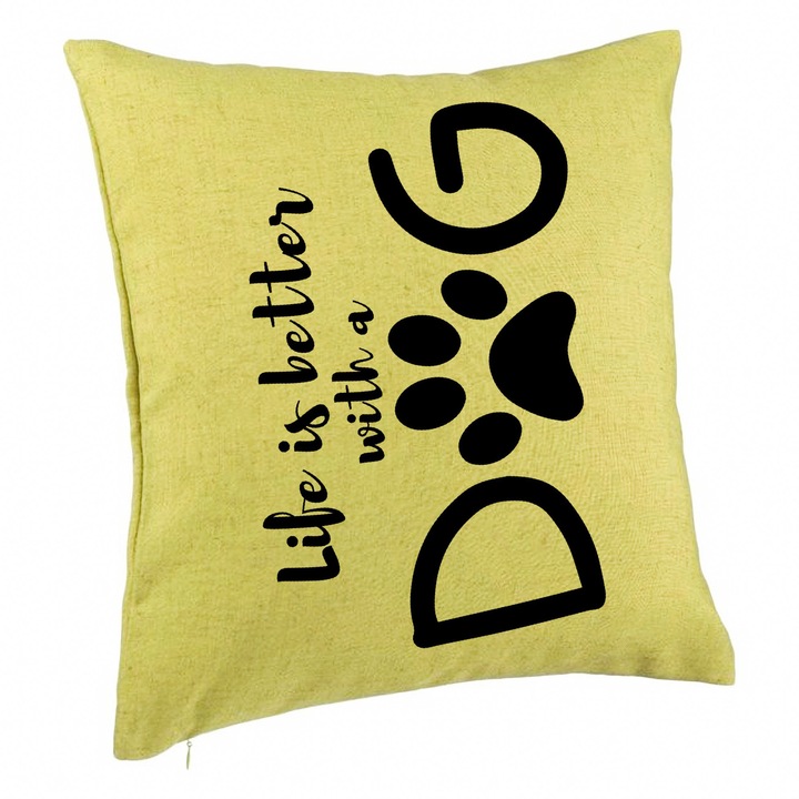 Perna Decorativa, Model Life is better with a Dog, 40x40 cm, Verde, Husa Detasabila, Burduf