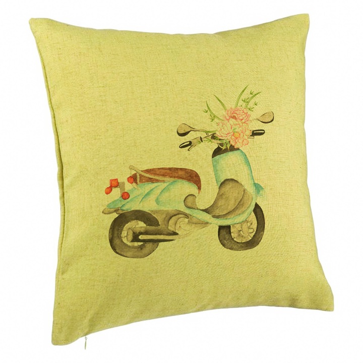 Perna Decorativa, Model Flower Bike, 40x40 cm, Verde, Husa Detasabila, Burduf