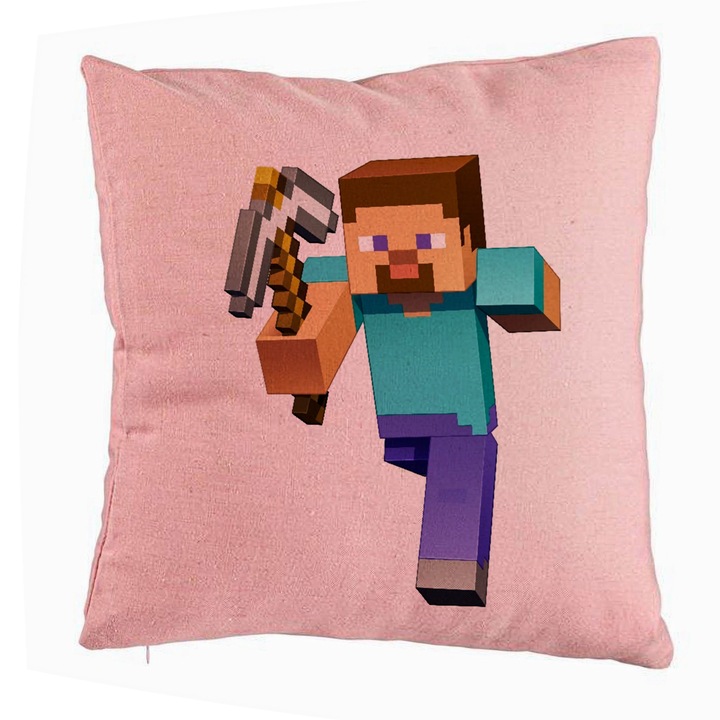 Perna Decorativa, Model Minecraft Mining Steve 8bit, 40x40 cm, Roz, Husa Detasabila, Burduf