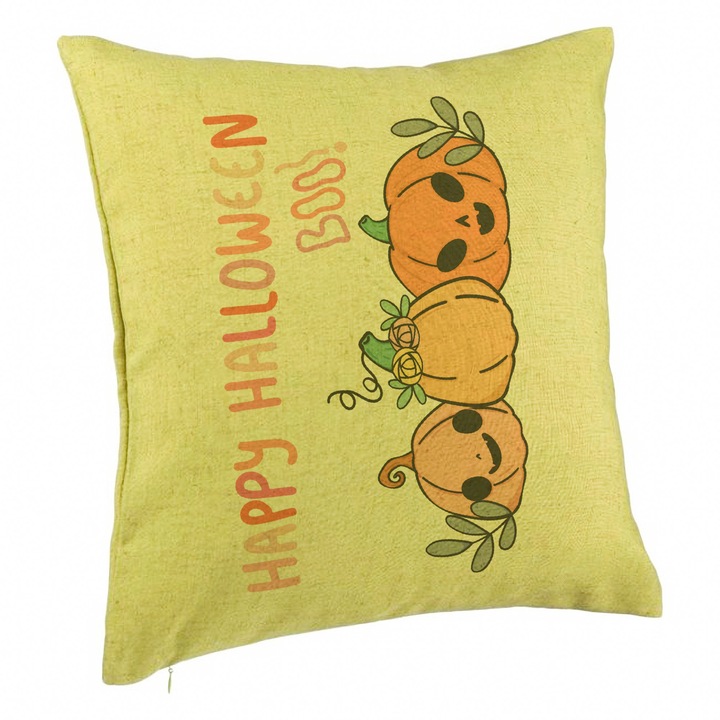 Perna Decorativa cu motiv Dovleac si Text de Halloween, Multicolor, 40x40 cm, Verde, Husa Detasabila, Burduf