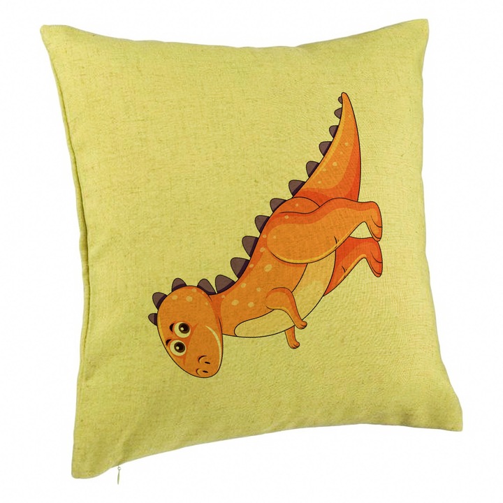 Dekoratív párna, narancssárga dinoszaurusz gyerekmodell, 40x40 cm, zöld, levehető huzat, fújtató