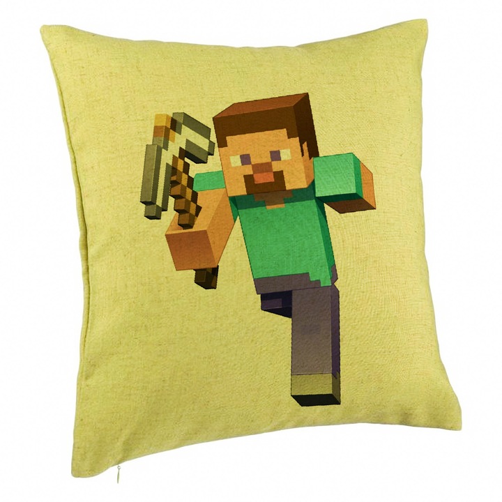 Perna Decorativa, Model Minecraft Mining Steve 8bit, 40x40 cm, Verde, Husa Detasabila, Burduf