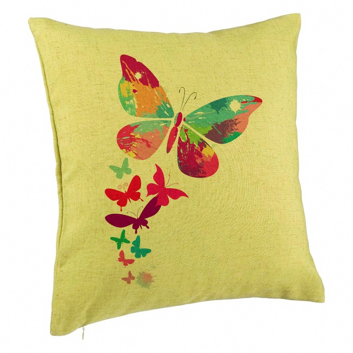 Perna Personalizata, Model Fluture Colorful, 40x40 cm, Verde, Husa Detasabila, Burduf